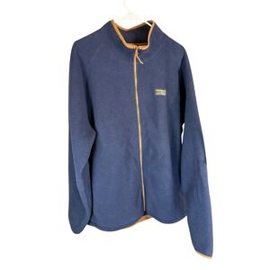 LL Bean Fleece Jacket Full Zip Navy Blue Tan Trim Men's XL Tall